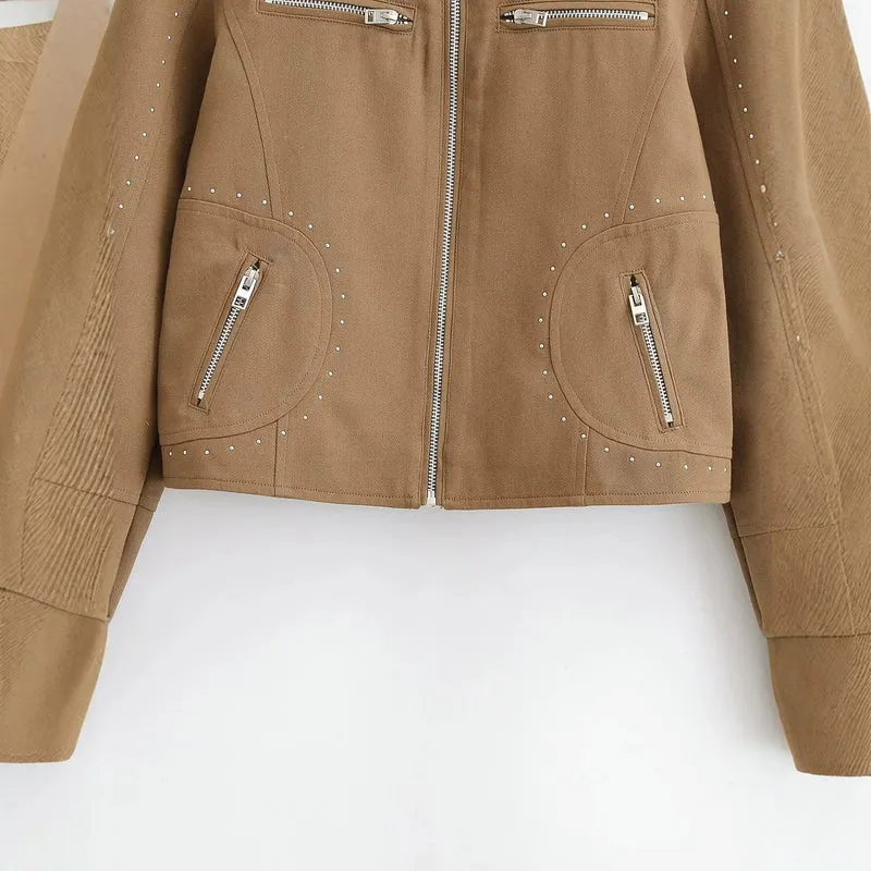 Damen Kurze Bikerjacke aus Wildlederimitat mit Nietenbesatz und Stehkragen Drune
