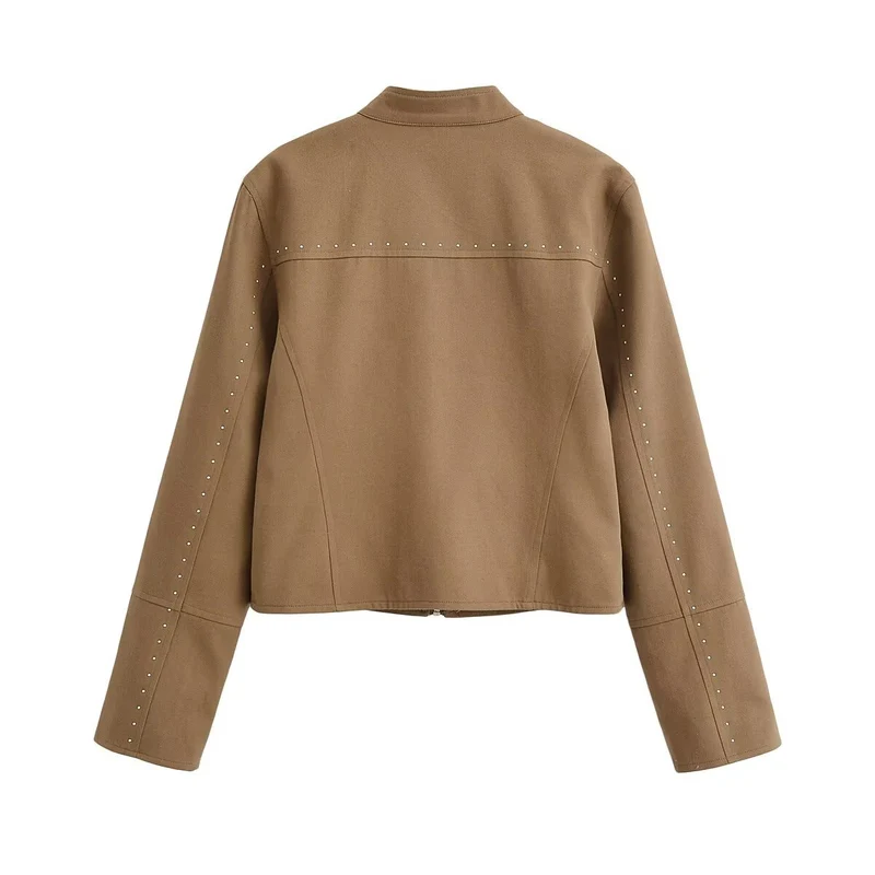 Damen Kurze Bikerjacke aus Wildlederimitat mit Nietenbesatz und Stehkragen Drune