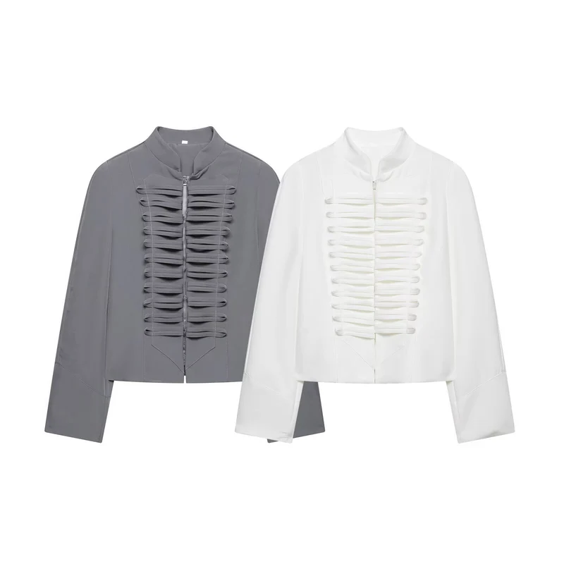 Damen Kurzbluse-Jacke mit gefalteter Rüschenpasse und Stehkragen Drune