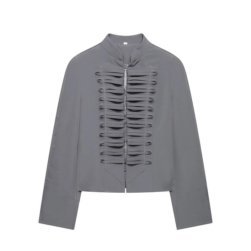 Damen Kurzbluse-Jacke mit gefalteter Rüschenpasse und Stehkragen Drune
