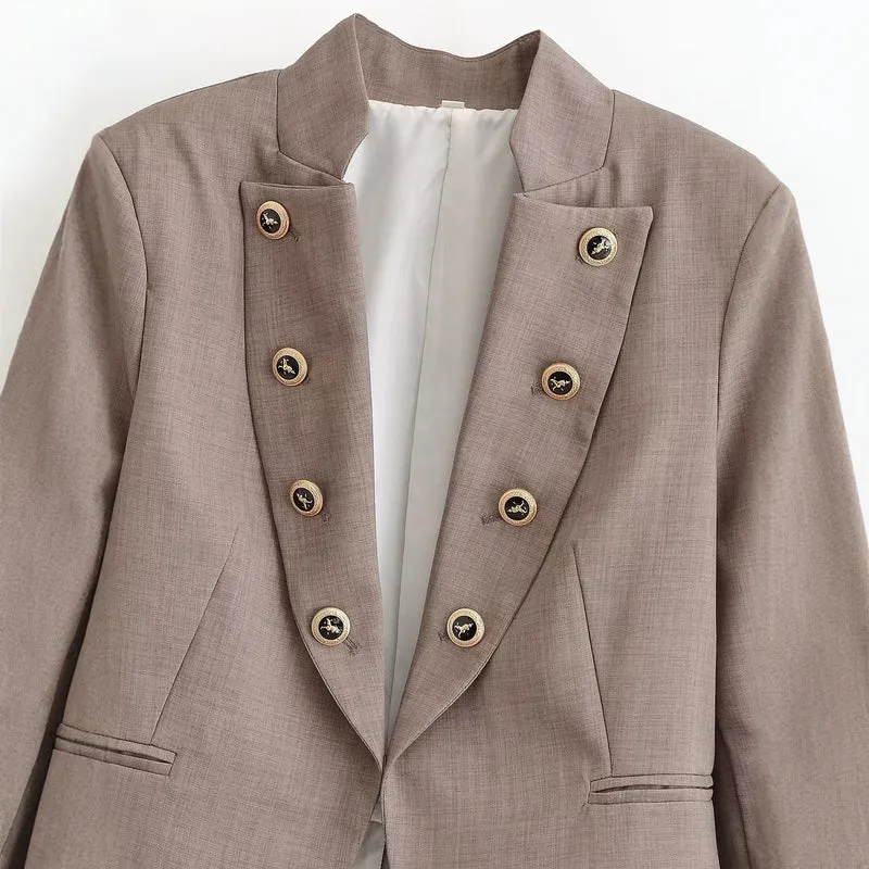 Damen Kurzblazer mit taillierter Silhouette und dekorativer Doppelreihe Zierknöpfe Drune