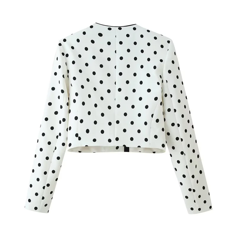 Damen Kurzblazer im Polka-Dot-Design mit Rundhalsausschnitt, kurzem Schnitt und Kontrastpaspeln Drune