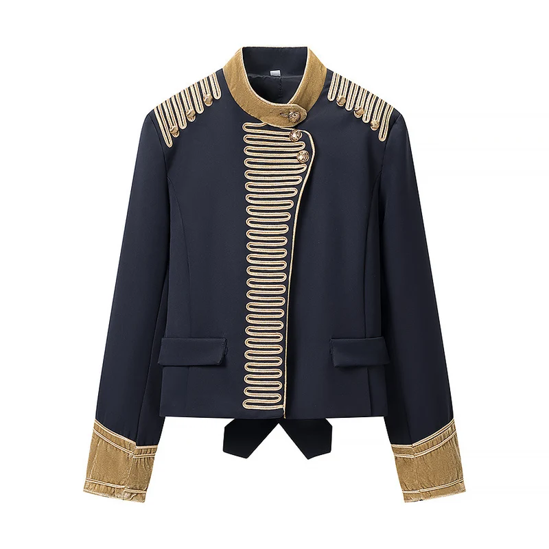 Damen Kurzblazer im Marschall-Stil mit verzierten Goldgalons und Stehkragen Drune