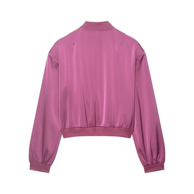 Damen Kurz geschnittene Satin-Bomberjacke mit Rippbündchen und Druckknopf-Taschen Drune