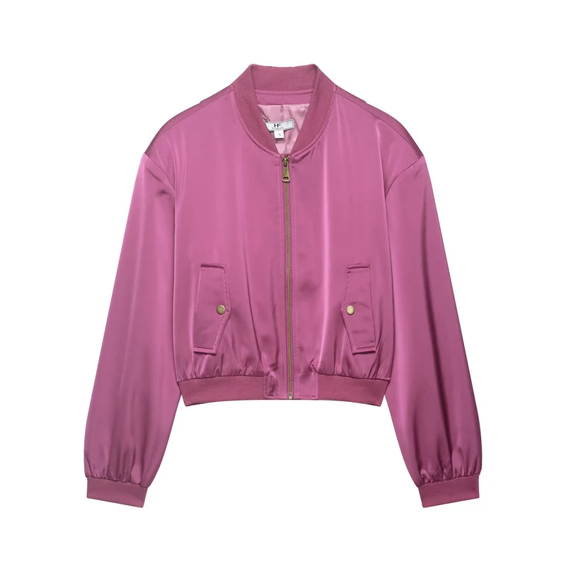 Damen Kurz geschnittene Satin-Bomberjacke mit Rippbündchen und Druckknopf-Taschen Drune