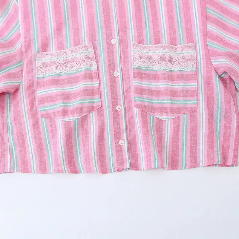 Damen Kurz geschnittene Leinenbluse mit Streifenmuster und Spitzenbrusttaschen Drune