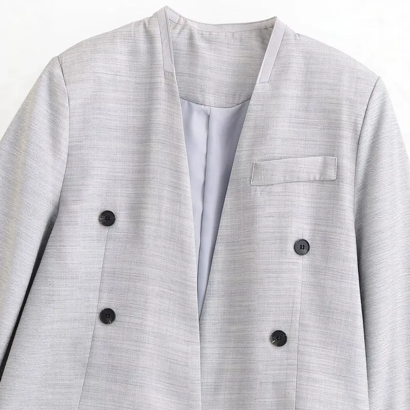 Damen kragenloser Cropped-Blazer mit kastiger Silhouette und Doppelknopfreihe Drune