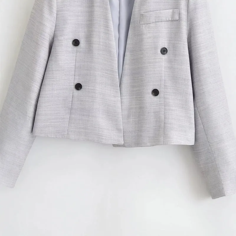 Damen kragenloser Cropped-Blazer mit kastiger Silhouette und Doppelknopfreihe Drune