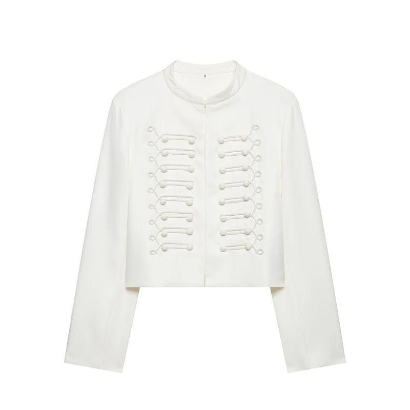 Damen Korddetail-Bolerojacke mit Stehkragen und Paraderiegel-Optik Drune