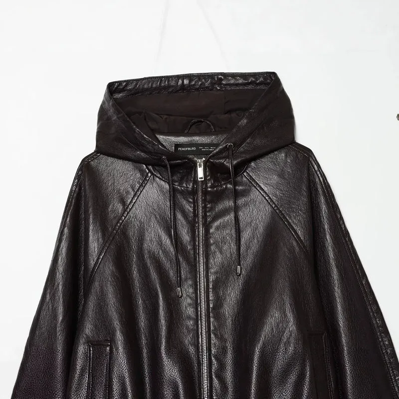 Damen Kapuzen-Leder-Bomberjacke mit Reißverschluss, Kordelzug und elastischem Saum Drune