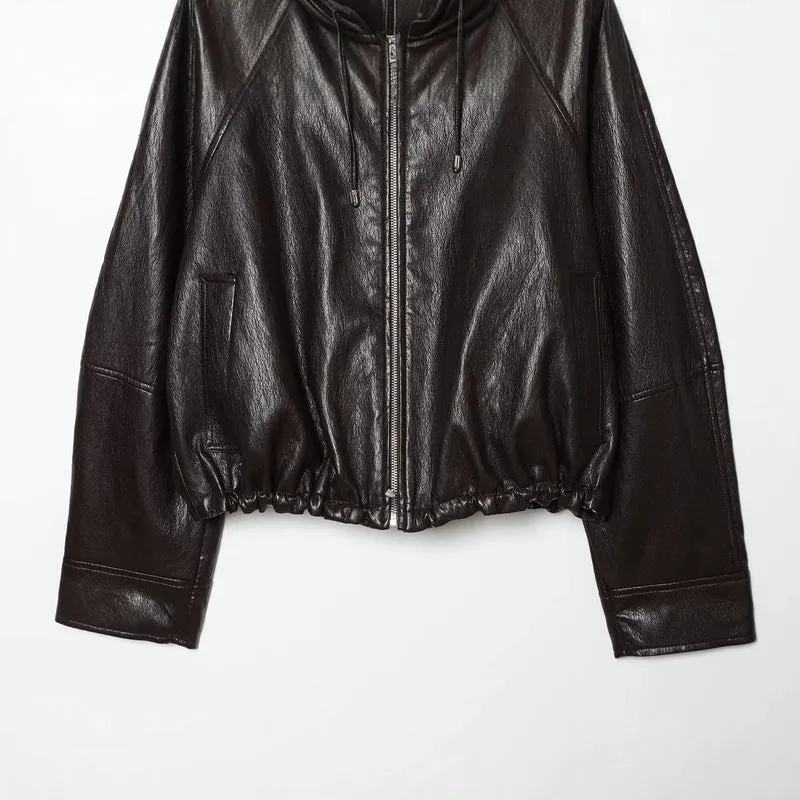 Damen Kapuzen-Leder-Bomberjacke mit Reißverschluss, Kordelzug und elastischem Saum Drune