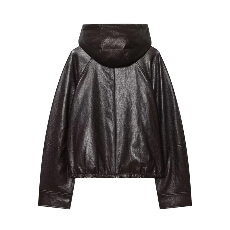 Damen Kapuzen-Leder-Bomberjacke mit Reißverschluss, Kordelzug und elastischem Saum Drune