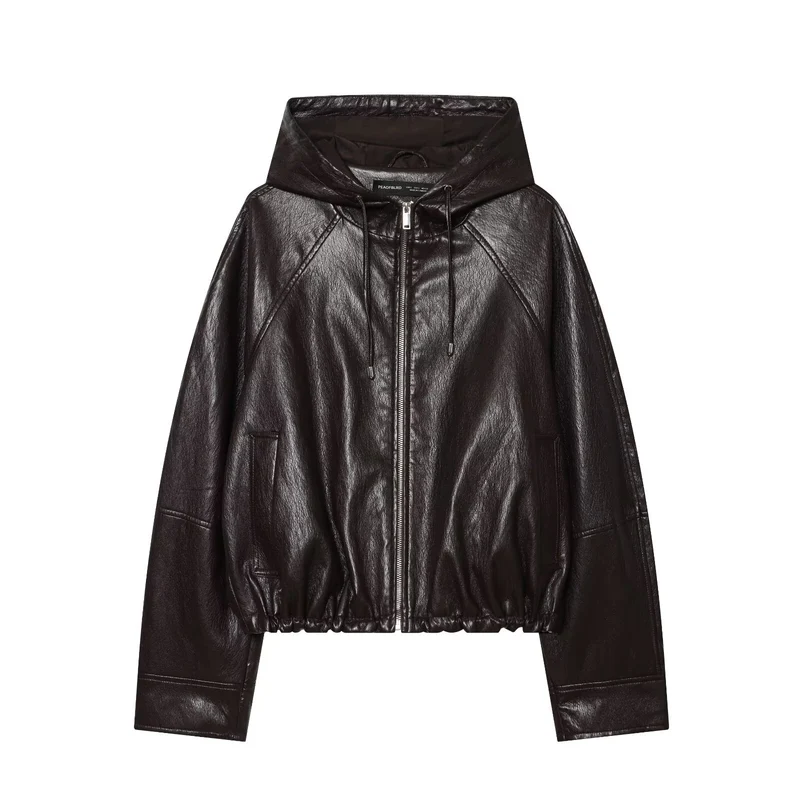Damen Kapuzen-Leder-Bomberjacke mit Reißverschluss, Kordelzug und elastischem Saum Drune