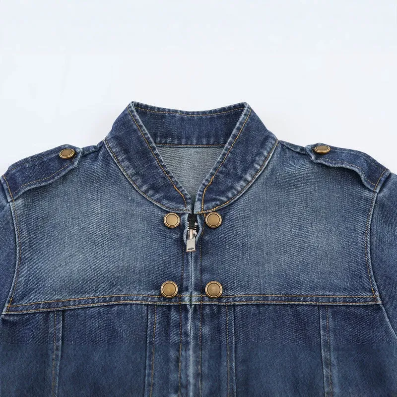 Damen Jeansjacke mit Stehkragen, Doppelreihen‑Druckknöpfen und Schulterklappen Drune