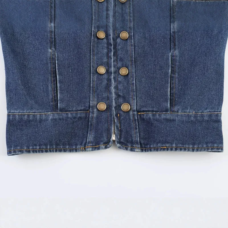 Damen Jeansjacke mit Stehkragen, Doppelreihen‑Druckknöpfen und Schulterklappen Drune