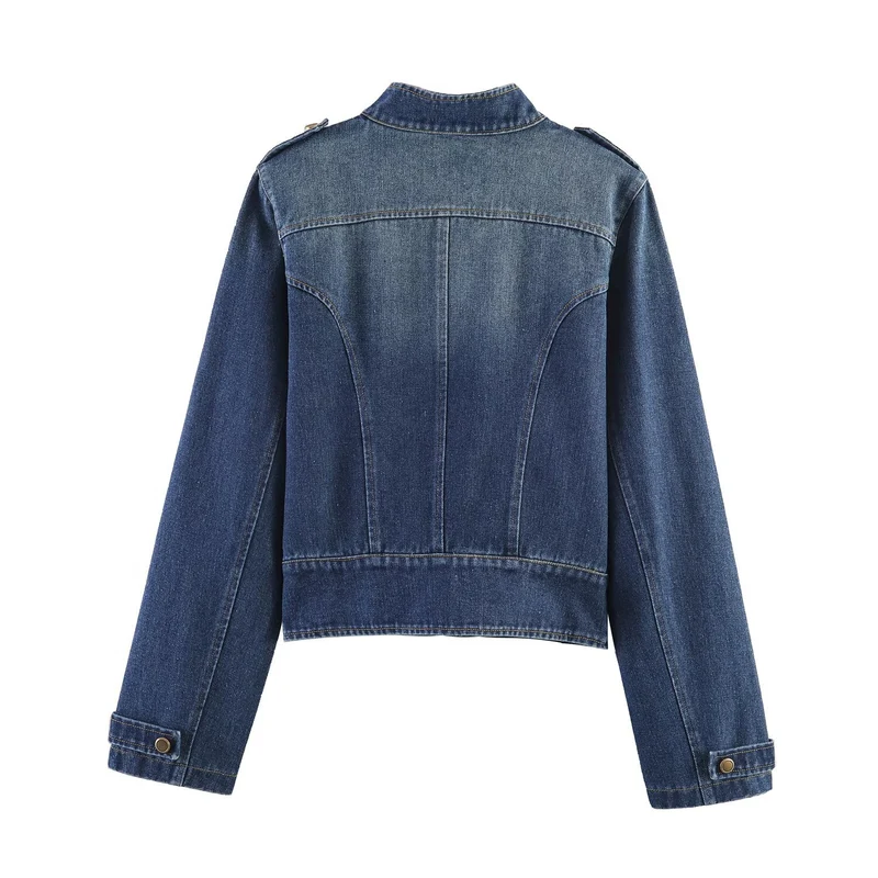 Damen Jeansjacke mit Stehkragen, Doppelreihen‑Druckknöpfen und Schulterklappen Drune