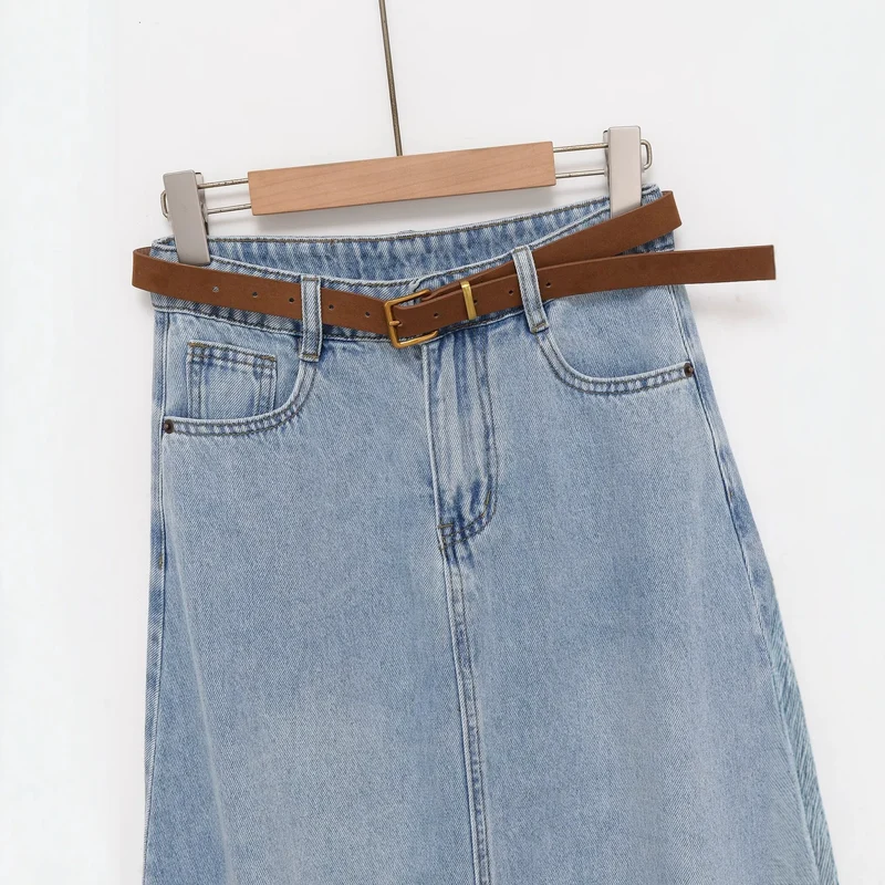 Damen Jeans-Midirock im A-Linien-Schnitt mit hohem Bund und Taillengürtel Drune