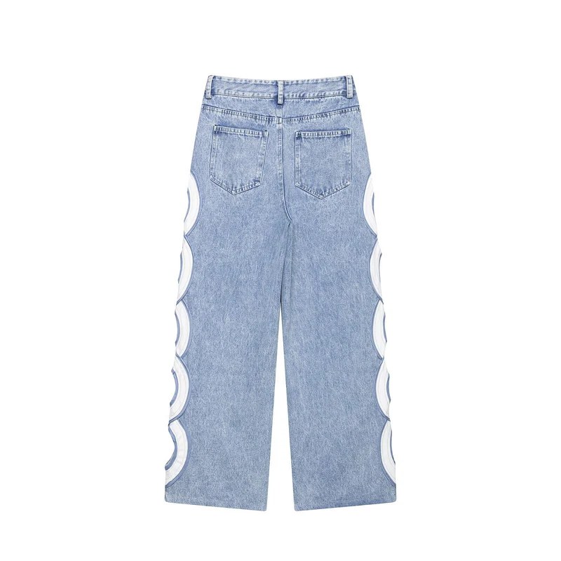 Damen High-Waist-Jeans mit ausgestellter Weitbein-Silhouette und seitlichen Kreis-Applikationen Drune