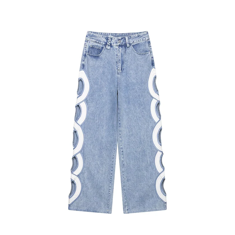 Damen High-Waist-Jeans mit ausgestellter Weitbein-Silhouette und seitlichen Kreis-Applikationen Drune