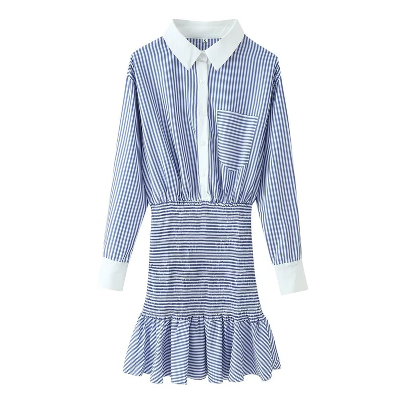 Damen Hemdblusenkleid mit gerafftem Taillenbund und Volant Drune