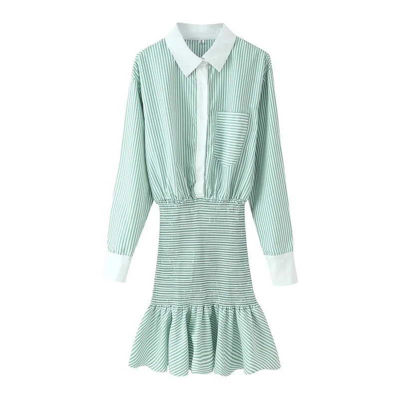 Damen Hemdblusenkleid mit gerafftem Taillenbund und Volant Drune