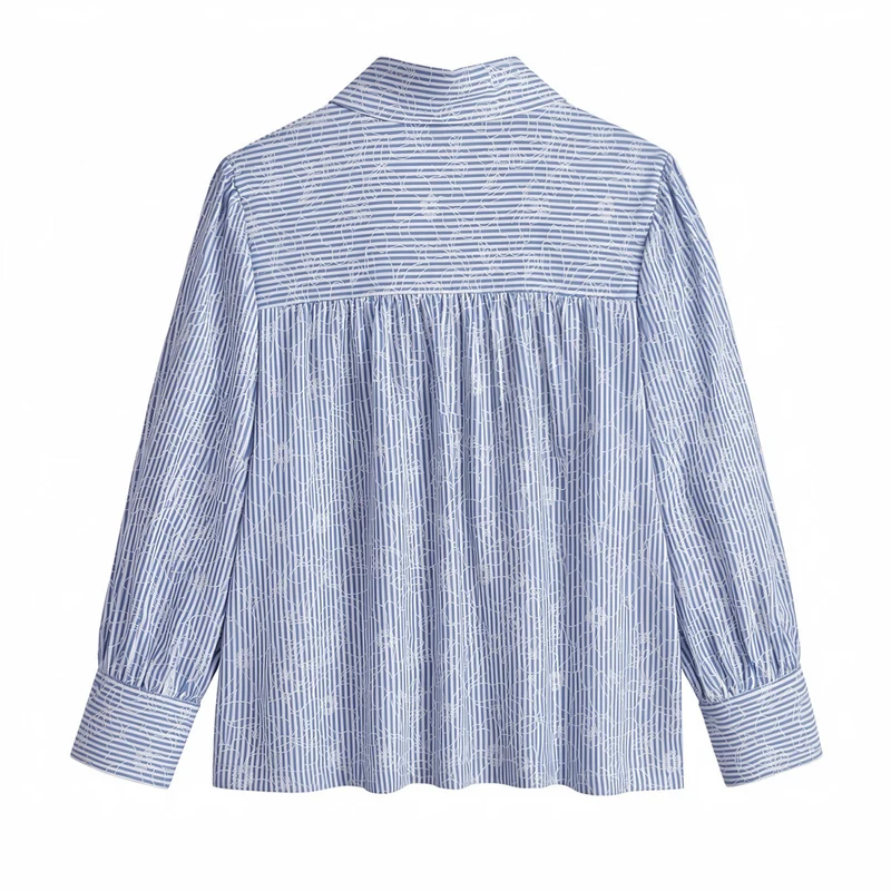 Damen Hemdbluse mit floralem Linienmuster und weitem Klappkragen Drune