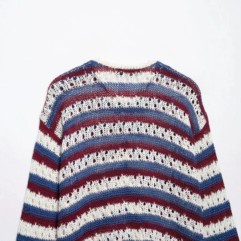 Damen gestrickte Cardigan im Ajour‑Streifenmuster mit Knopfleiste und Rundhalsausschnitt Drune