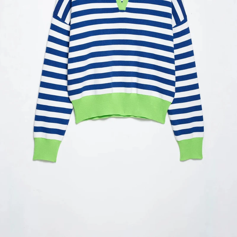 Damen Gestreifter Strickpolo-Sweater mit V-Ausschnitt und breitem Rippbund Drune
