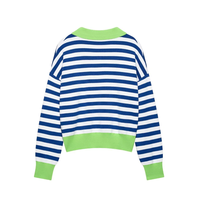 Damen Gestreifter Strickpolo-Sweater mit V-Ausschnitt und breitem Rippbund Drune
