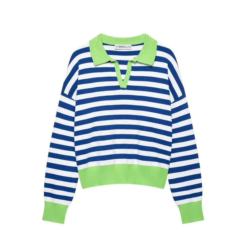 Damen Gestreifter Strickpolo-Sweater mit V-Ausschnitt und breitem Rippbund Drune