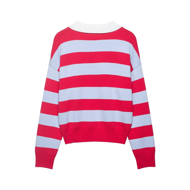 Damen Gestreifter Rugby-Pullover mit offenem Polokragen Drune