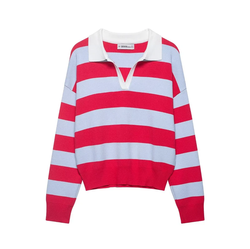 Damen Gestreifter Rugby-Pullover mit offenem Polokragen Drune