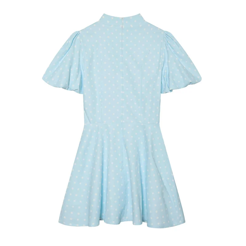 Damen Gepunktetes A‑Linien‑Kleid mit Stehkragen, Taillierung und Ballonärmeln Drune