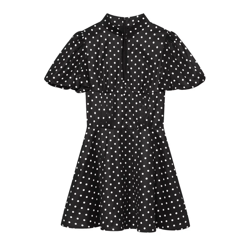 Damen Gepunktetes A‑Linien‑Kleid mit Stehkragen, Taillierung und Ballonärmeln Drune