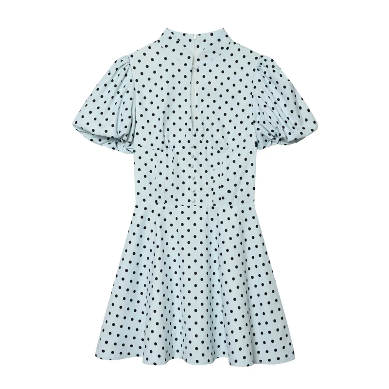 Damen Gepunktetes A‑Linien‑Kleid mit Stehkragen, Taillierung und Ballonärmeln Drune