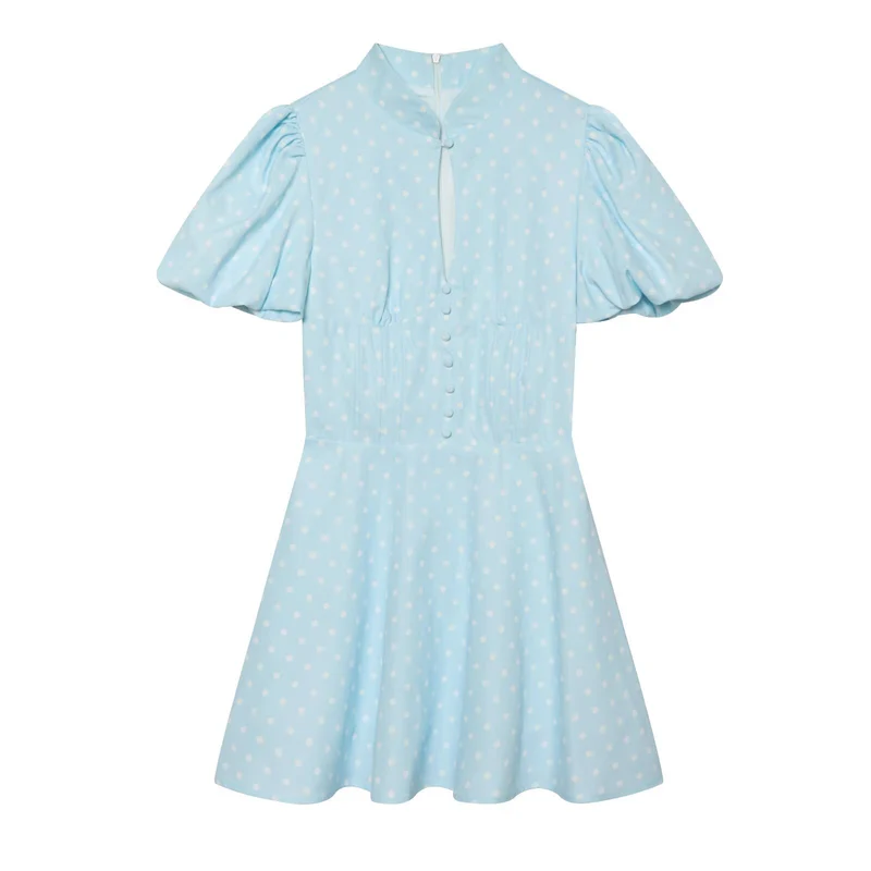 Damen Gepunktetes A‑Linien‑Kleid mit Stehkragen, Taillierung und Ballonärmeln Drune