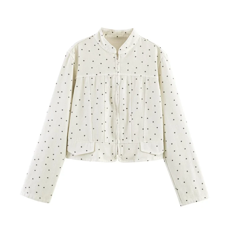 Damen Gepunktete Cropped-Jacke mit Stehkragen, Reißverschluss und aufgesetzten Taschen Drune