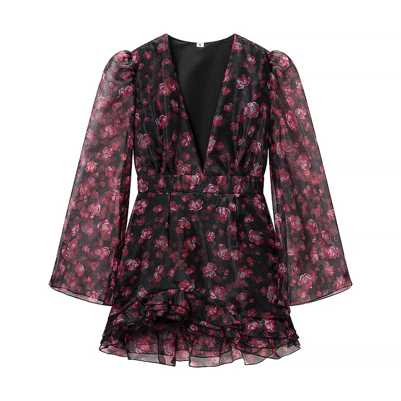 Damen Florales Chiffon-Minikleid mit tiefem V‑Ausschnitt, Rüschenstufen und Trompetenärmeln Drune