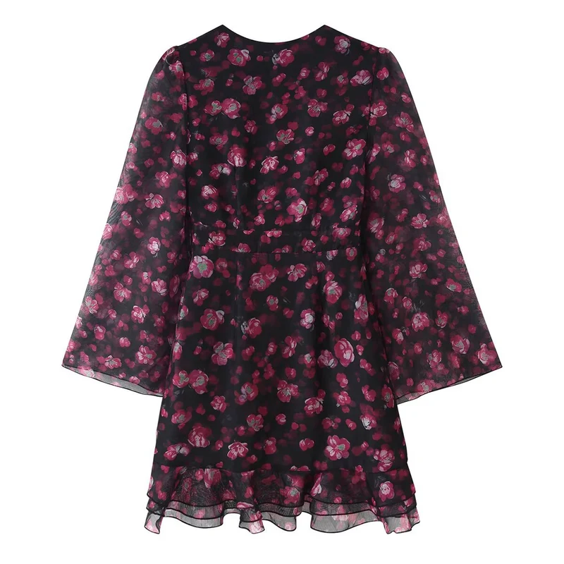 Damen Florales Chiffon-Minikleid mit tiefem V-Ausschnitt, Glockenärmeln und Stufenvolant Drune