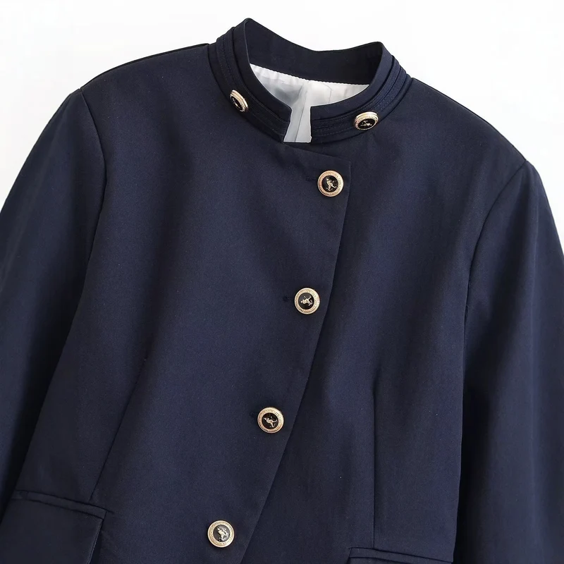 Damen Elegante taillierte Kurzjacke im Marine-Stil mit Stehkragen, Zierknopfleiste und Pattentaschen Drune