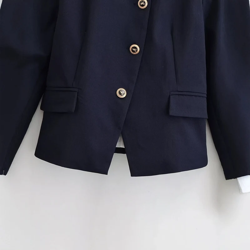 Damen Elegante taillierte Kurzjacke im Marine-Stil mit Stehkragen, Zierknopfleiste und Pattentaschen Drune