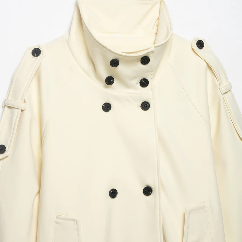 Damen Doppelreihiger Trench‑Cape mit Taillengürtel und Stehkragen Drune