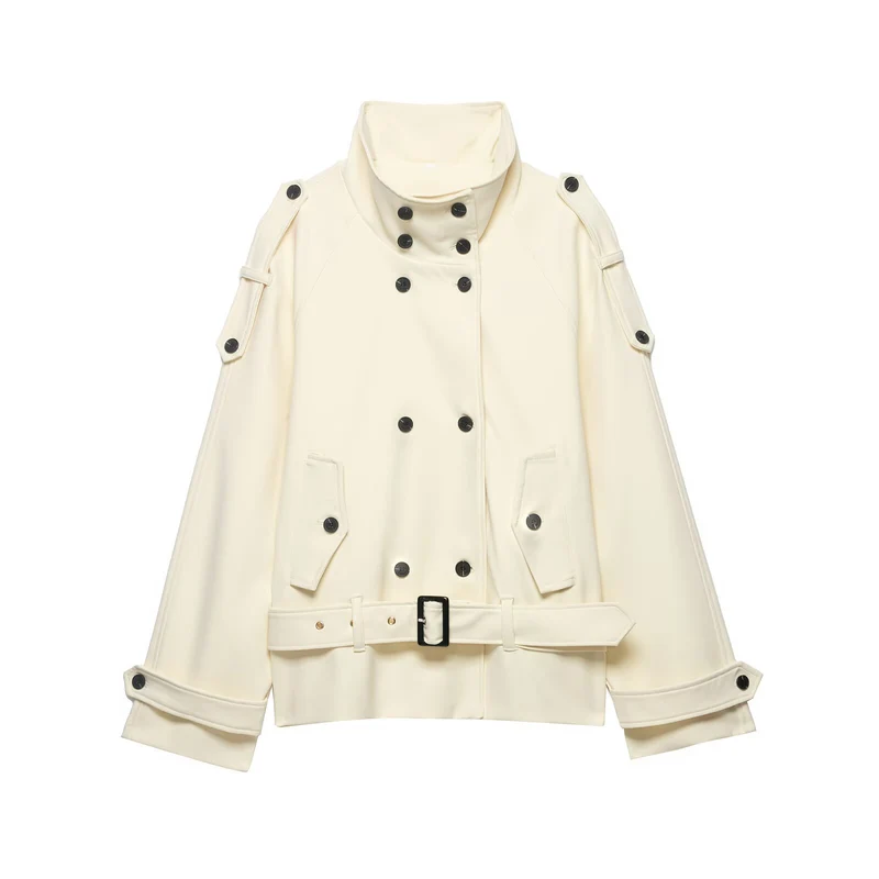 Damen Doppelreihiger Trench‑Cape mit Taillengürtel und Stehkragen Drune