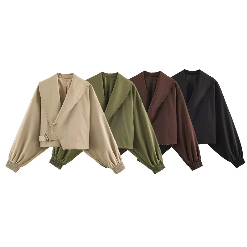 Damen Cropped-Jacke mit weitem Matrosenkragen, asymmetrischem Überschlag und Ballonärmeln Drune