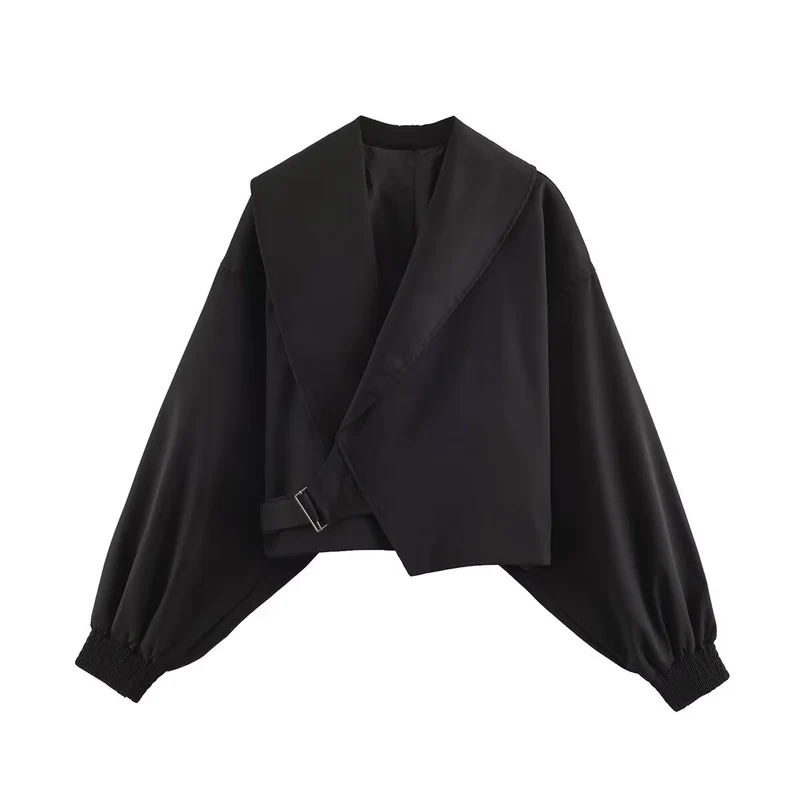 Damen Cropped-Jacke mit weitem Matrosenkragen, asymmetrischem Überschlag und Ballonärmeln Drune