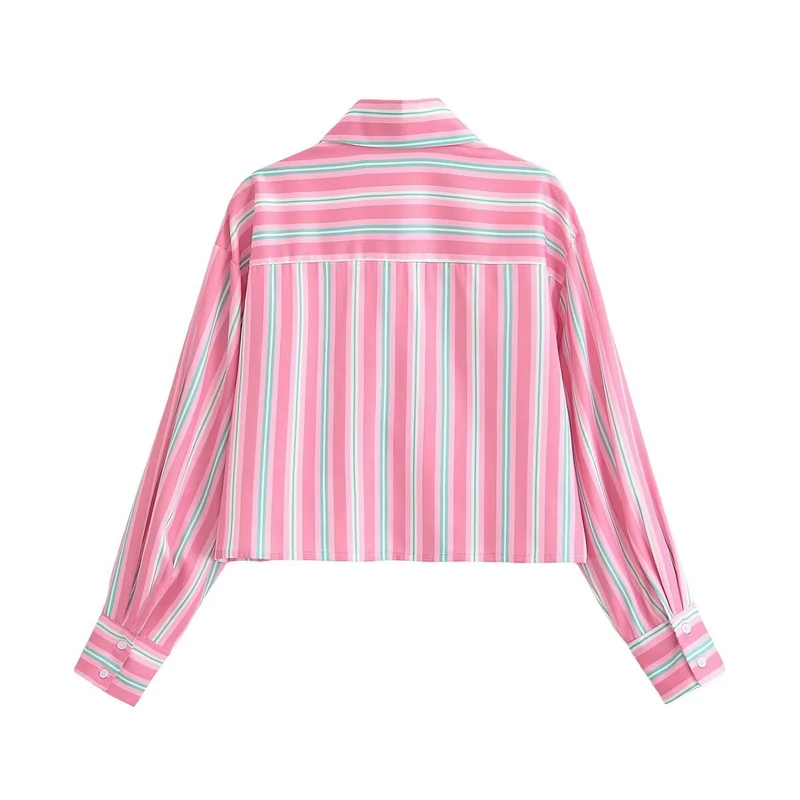 Damen Cropped-Hemdbluse im Streifenlook mit Spitzenbesatz und aufgesetzten Taschen Drune