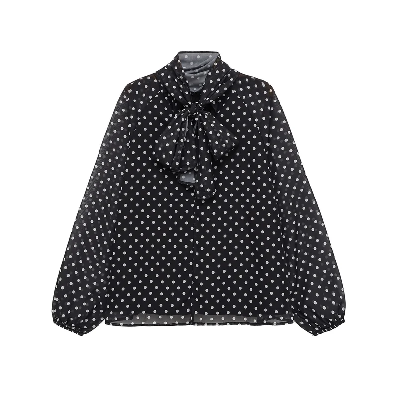 Damen Chiffonbluse mit Schleifenkragen und Ballonärmeln Drune