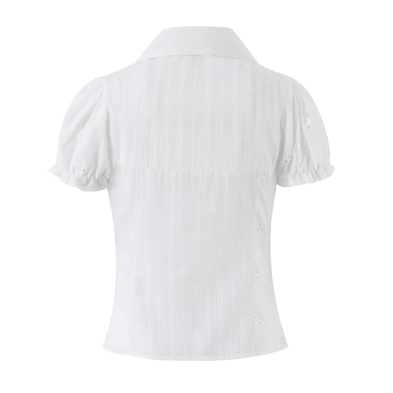 Damen Broderie-Anglaise Bluse mit Puffärmeln, Taillenbetonung und vorderer Bindung Drune