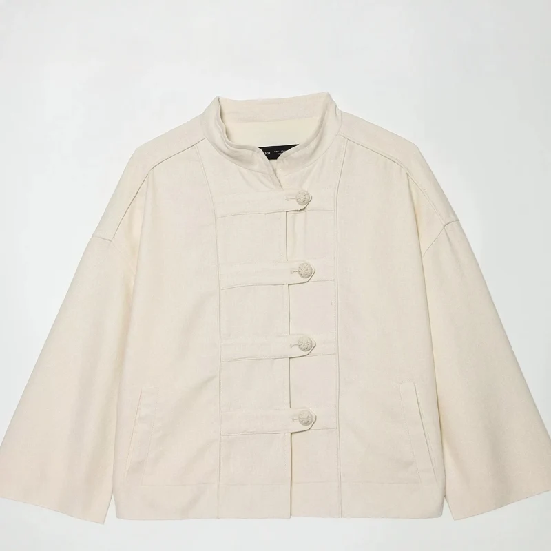Damen Boxy-Jacke im Mandarin-Stil mit dekorativen Knotenknöpfen Drune