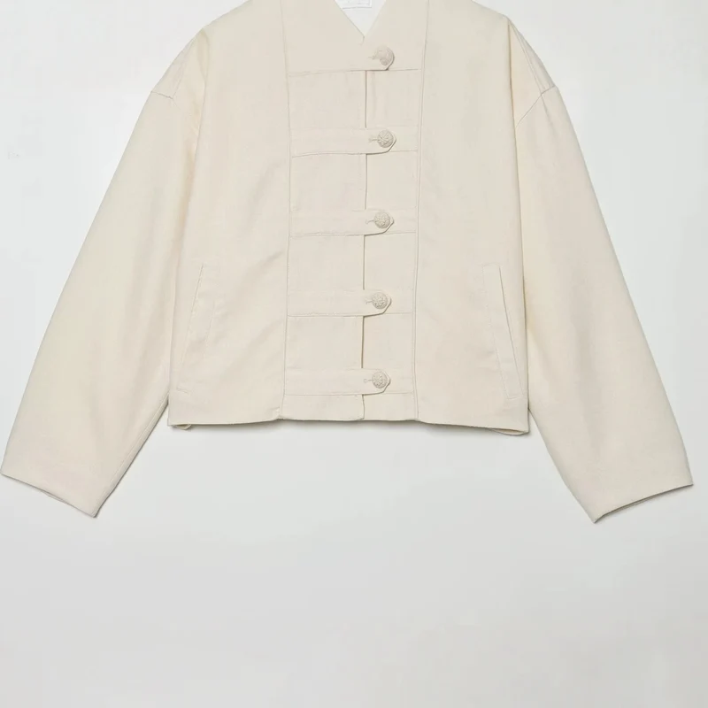 Damen Boxy-Jacke im Mandarin-Stil mit dekorativen Knotenknöpfen Drune
